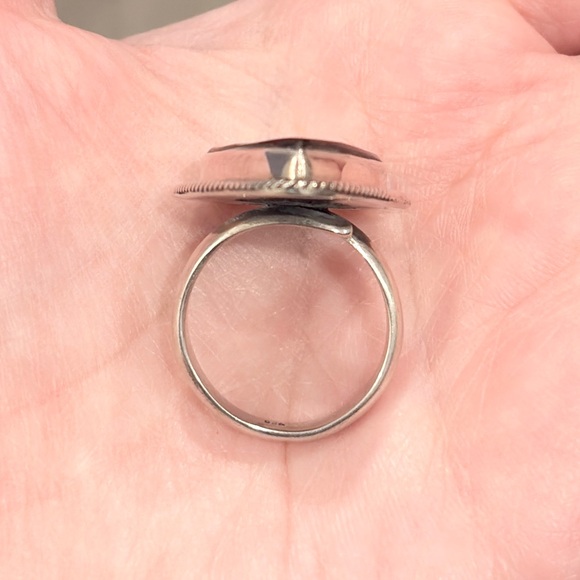 Vintage Sterling Large Blue Ammolite Ring, Triangle Doublet Adjustable Band